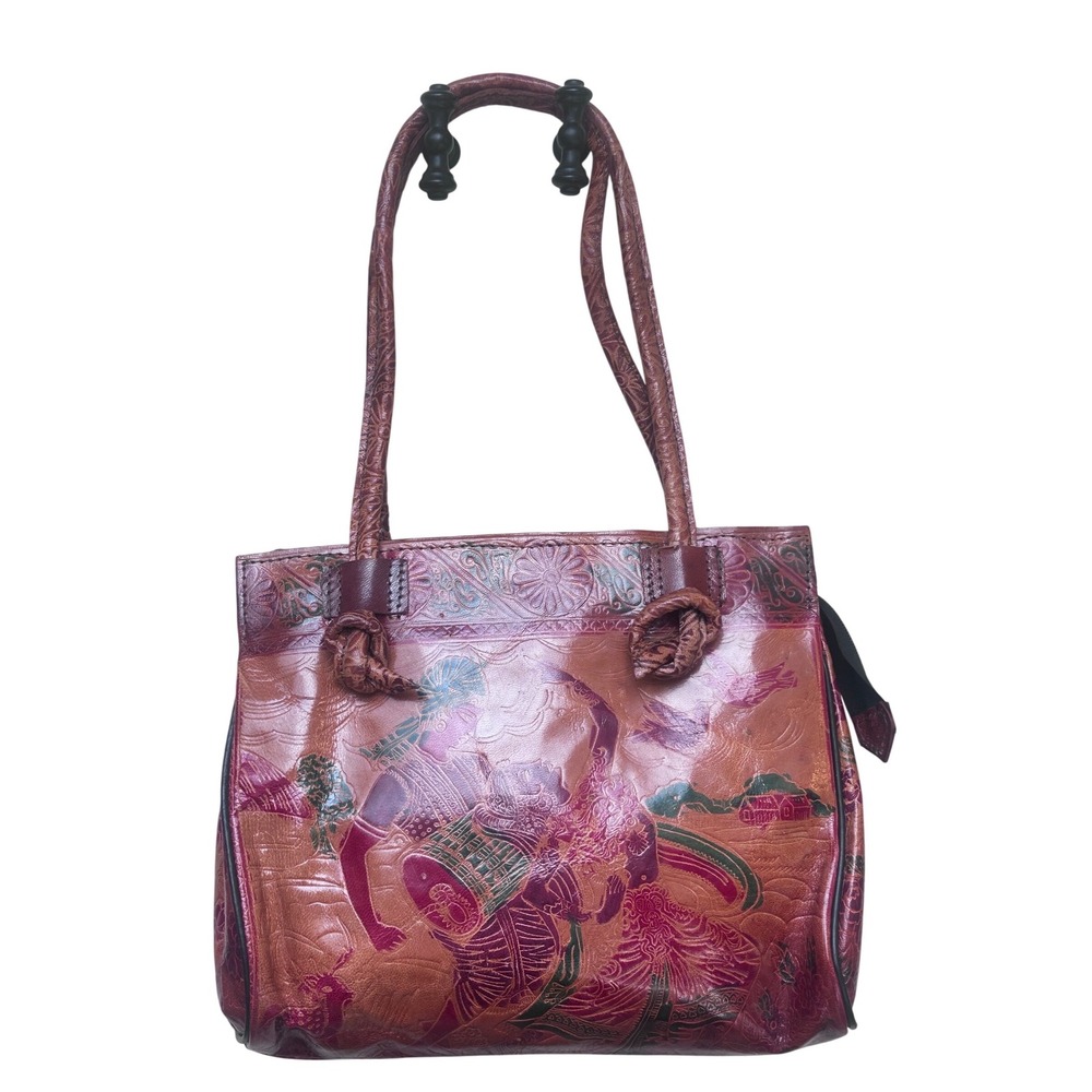 Vintage Tooled Leather Hand Painted Tote Bag‎ Dancers Musicians Red Brown Boho
